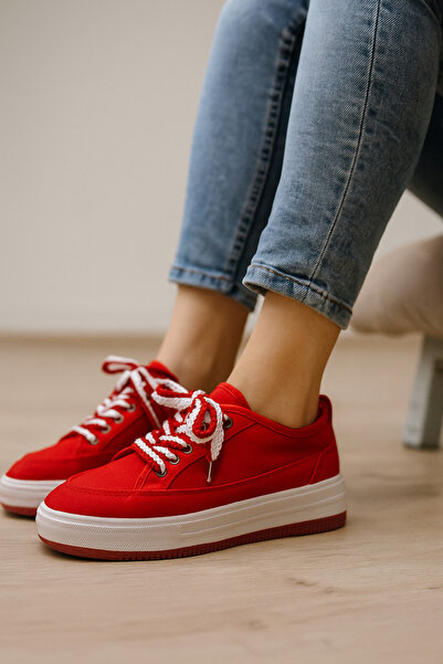 LANDSHOES Yüksek Taban Sneaker Keten Kumaş Bağcıklı Kırmızı Kadın Spor Ayakkabı