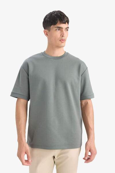 DeFacto Oversize Wide Fit Crew Neck Heavy Fabric Basic μονόχρωμο κοντομάνικο μπλουζάκι B6494AX25AU