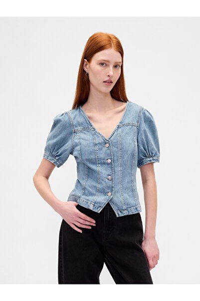 GAP Kadın Mavi Denim Puff-Sleeve Seamed Üst