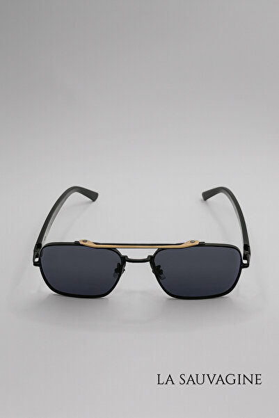 La sauvagine Black Matte Square Unisex Sunglasses – Gold Top Bar Detail