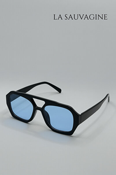 La sauvagine Black Oversize Geometric Sunglasses – Blue Glass Triangle Bridge...