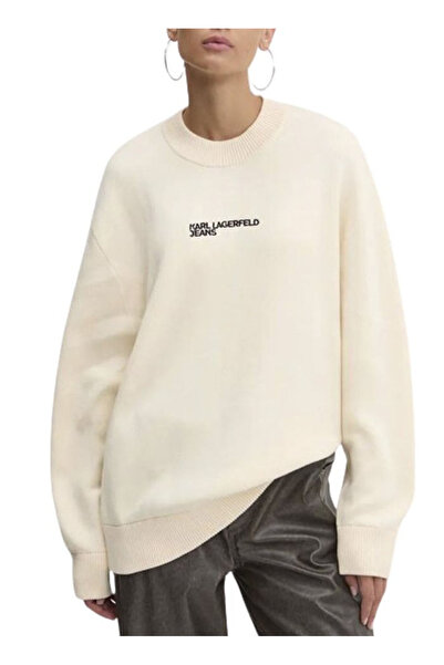 Karl Lagerfeld Jeans Yuvarlak Yaka Relaxed Baskılı Bej Kazak Kadın 245J2000