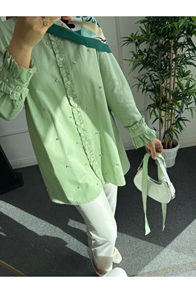 Nisa Nalbantoğlu Water Green Stone Detailed Poplin Shirt