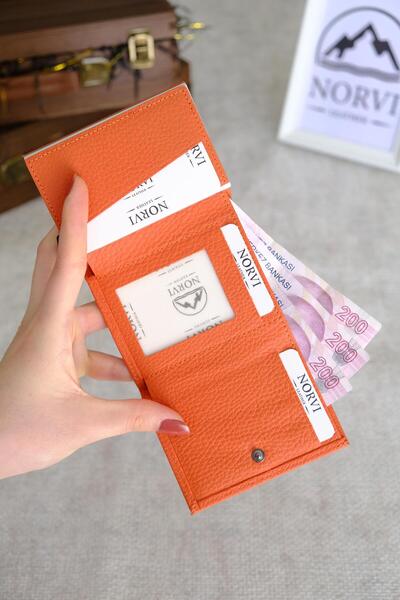Norvi Leather Mechanism Automatic Genuine Leather Card Holder Orange 1041