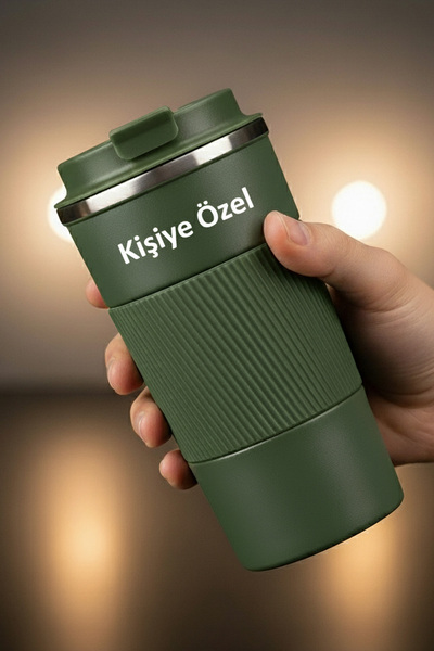 Giftino Kişiye Özel İsim ve Logo Baskılı Paslanmaz 304 Çelik Haki Yeşil Termos 500ml