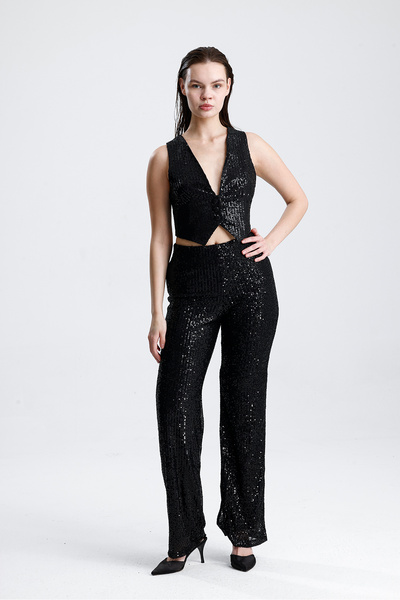 Sense Lined Elastic Waist Sequin Evening Dress Trousers |   Pnt35233 Black