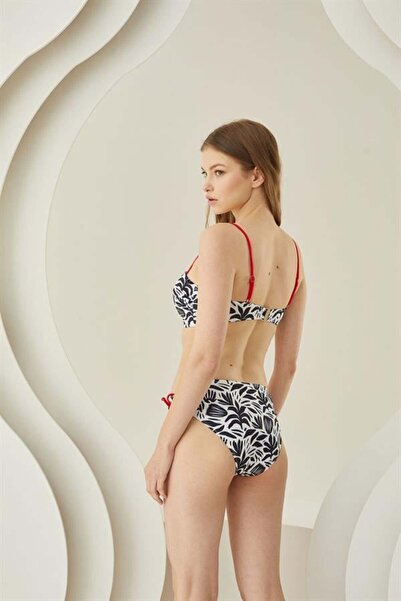 Motto10 butik Motto10Butik Black and White Patterned Red String Strap Lotus Bikini Set
