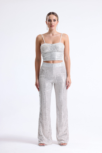 Sense Elastic Waist Sequin Evening Dress Trousers| Pnt35233 Beige