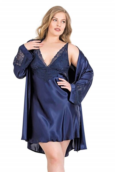 Motto10 butik Motto10Butik Large Size Navy Blue Short Double Satin Dressing Gown Nightgown Set