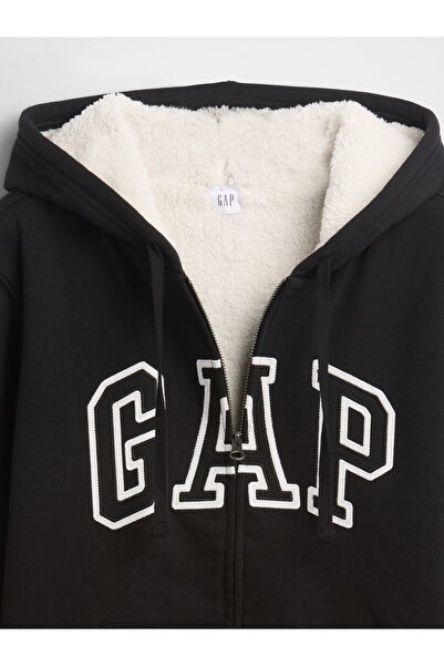 GAP Kadın Siyah Relaxed Logo Sherpa-Astarlı Fermuarlı Sweatshirt