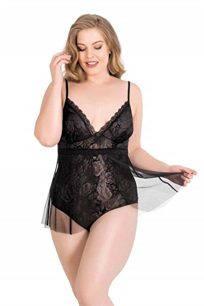CHI'LA Collection Plus Size Black Bodysuit Jacquard Nightgown