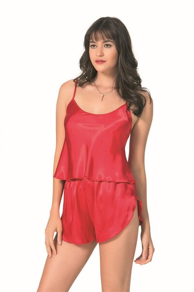 Marsilyan ieg Κόκκινο Σατέν Σετ Σορτς Babydoll ILKEL-MDGYM457