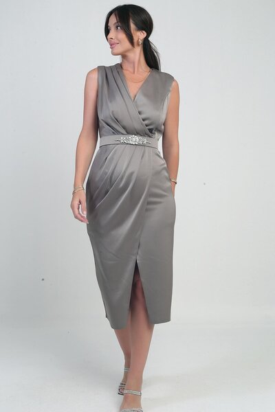 By Saygı Women's Double Breasted Collar Front Pleated Crepe Satin Dress with Belt