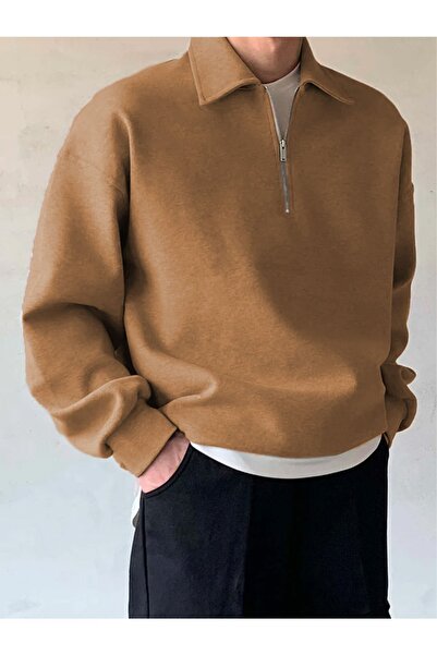 COMBİNE MİCHAİL Erkek Yarım Fermuar Rahat Sweatshirt Karamel