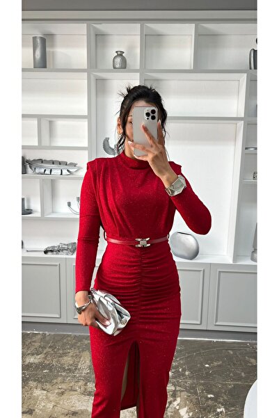 Nida Boutique Uzun Kol Kemerli Yırtmaçlı Sim Kumaş Elbise
