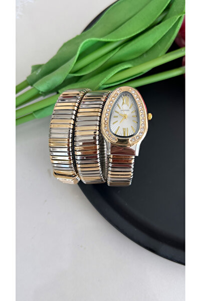 henaksesuar Zenya Yılan Model Kelepçe Tasarım Kadın Kol Saat Gold-Gümüş
