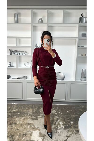 Nida Boutique Φόρεμα από ύφασμα άνοιγμα Sim με μακριά μανίκια και ζώνη