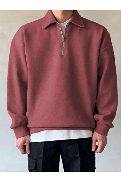 COMBİNE MİCHAİL Erkek Yarım Fermuar Rahat Sweatshirt Gül Kurusu