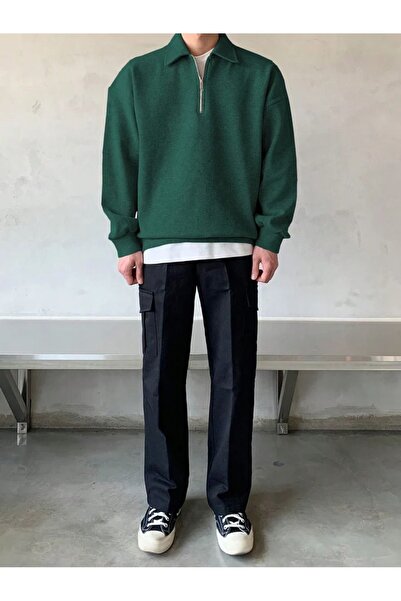 COMBİNE MİCHAİL Мъжки суичър с поло яка с половин цип, тъмнозелен