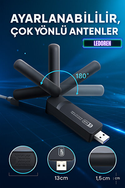 L'eDoren Pc Için Çift Anten AC1200 Mbps Dual Band USB 3.0 Adaptör Kablosuz Wi-Fi Alıcı