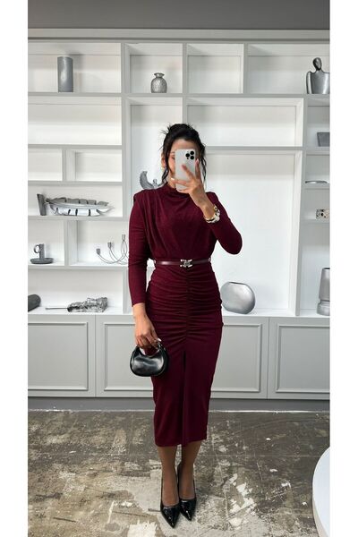 Nida Boutique Φόρεμα από ύφασμα άνοιγμα Sim με μακριά μανίκια και ζώνη