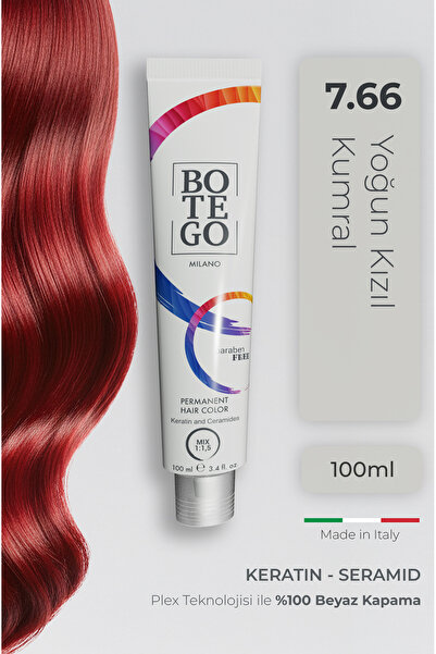 botegohair Profesyonel Krem Saç Boyası - 7.66 Yoğun Kızıl Kumral 100 ml - Ple...