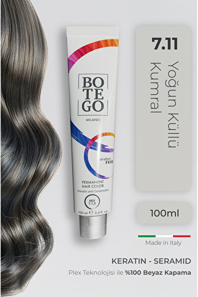 botegohair Profesyonel Krem Saç Boyası - 7.11 Yoğun Küllü Kumral 100 ml - Ple...