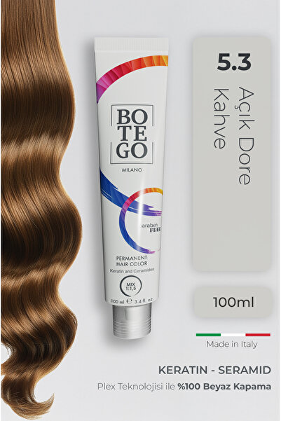 botegohair Profesyonel Krem Saç Boyası - 5.3 Açık Dore Kahve 100 ml - Plex, K...