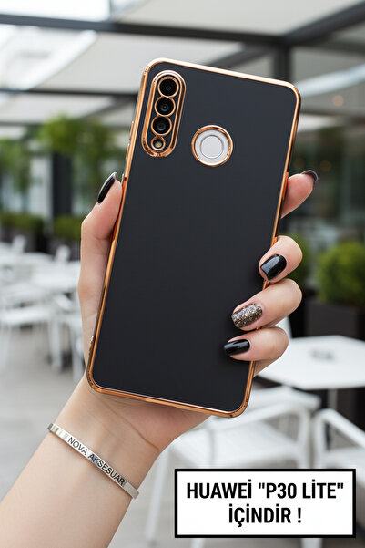 cepmoda Huawei "P30 LİTE" | Kamera Bölümü Korumalı Parlak Gold Çizgili Lüx Kılıf | SİYAH