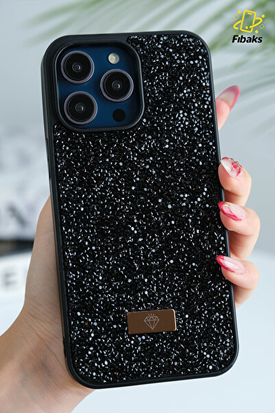 Fibaks Apple iPhone 16 Pro Max Case with Velvet Diamond Design Inside Black Stone Sparkling Diamond Silicone Cover