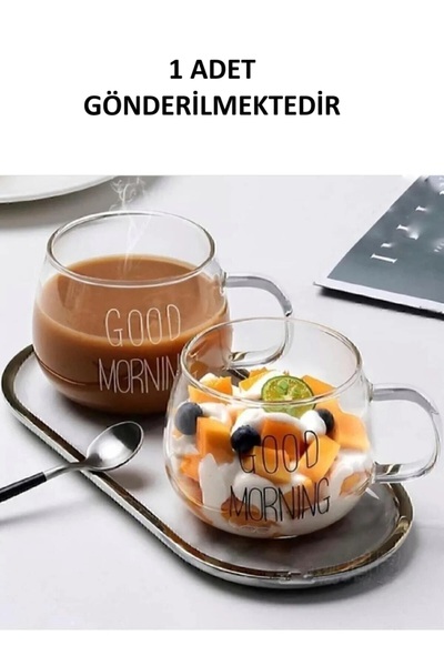 1 Li Good Morning Günaydın 400 ml Borosilikat Cam Kupa ROYALGROSS