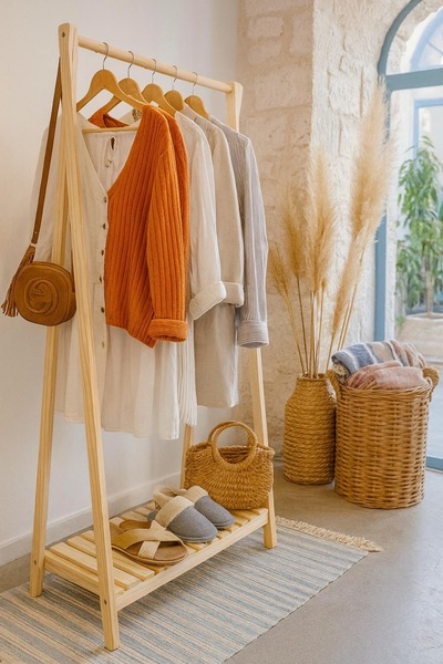 pinoxi Konfeksiyon Askılık Doğal Ahşap Ayaklı Elbise Askılığı Gardrop Raf 125x86x38 Cm