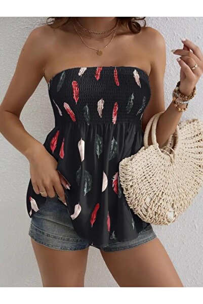 Melek Moda Γυναικεία στράπλες μπλούζα Mosskrep με μοτίβο σε φύλλα