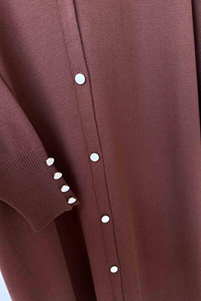 Ka Hijab Maxi Boy Düğmeli Merserize Hırka - Kahverengi