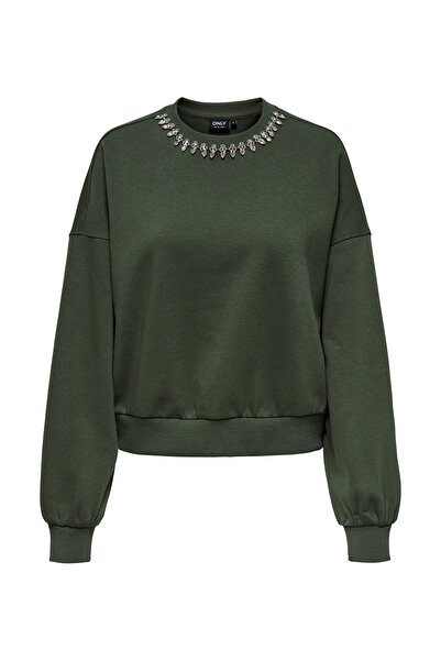 ONLY O Yaka Taşlamalı Yeşil Kadın Sweatshırt ONLKIARA L/S O-NECK EMBELLISHMENT S