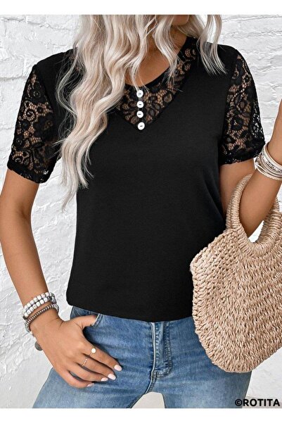BALCI Γυναικεία κοντομάνικη μπλούζα βισκόζης με κοντό μανίκι V λαιμόκοψη μπρο...