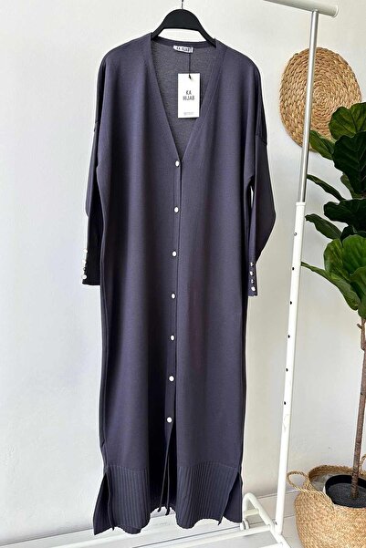 Ka Hijab Maxi Boy Düğmeli Merserize Hırka - Füme