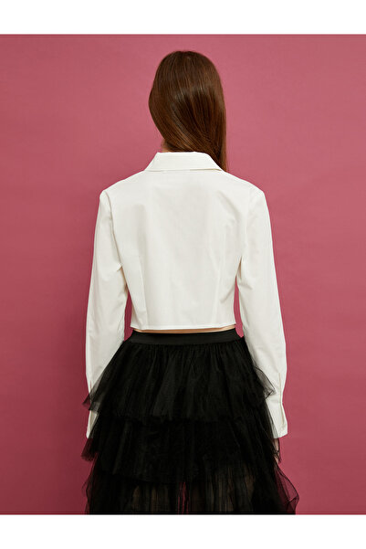 Koton Crop Shirt Fodor részletes, hosszú ujjú pamut aszimmetrikus szabású