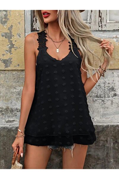 Pasaklıkontes Γυναικεία μπλούζα με λουράκι με δαντέλα V λαιμόκοψη με λεπτομέρ...