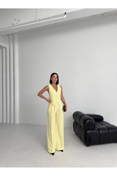 Serero Linen Crossed Pocket Trousers Set - Yellow - m