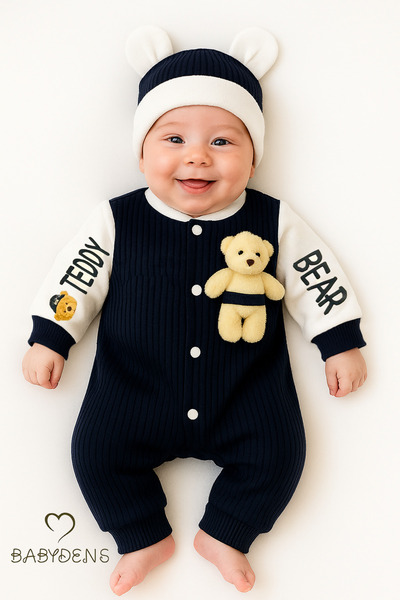 BABYDEN'S Teddy Bear Themed Newborn Ribbed Jumpsuit Set Teddy Bear Baby Boy Jumpsuit Hat Set 100% Cotton