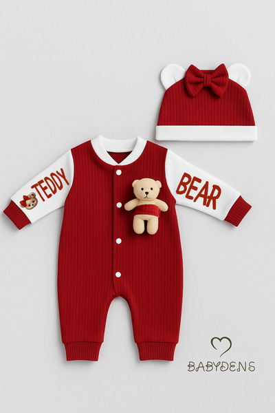 BABYDEN'S Teddy Bear Themed Newborn Ribbed Jumpsuit Set with Teddy Bear Baby Girl Jumpsuit Hat Set 100% Cotton