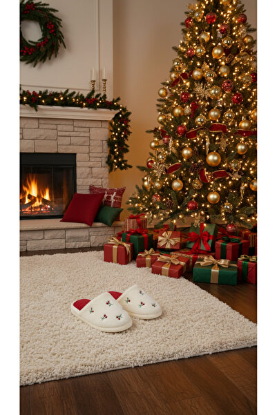 Deniz Terlik New Year's Strawberry Women's Plush Silent Sole House Slippers
