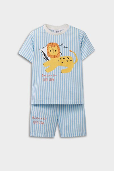 DeFacto Erkek Bebek Pijama Takımı Çizgili Aslan Baskılı Kısa Kollu Penye Üst Beli Lastikli Şort E1191A525HS