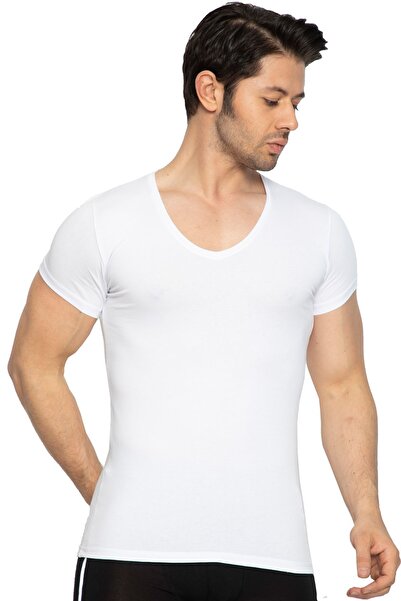 TOLIN Short Sleeve V-Neck Men's White Cotton Lycra Undershirt 3177b