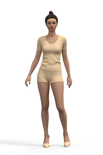 TOLIN Women's Nude V-Neck Laced Cotton Undershirt - Short Sleeve 322