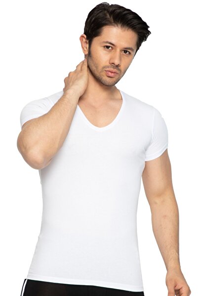 TOLIN Ανδρικό εσώρουχο με κοντό μανίκι V λαιμόκοψη λευκό βαμβακερό Lycra 3177b