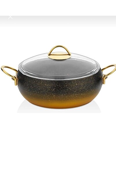 LAVONNI قدر كالدورا من الجرانيت بعمق 18 سم، مقبض ذهبي، غطاء زجاجي، غير قابل ل...