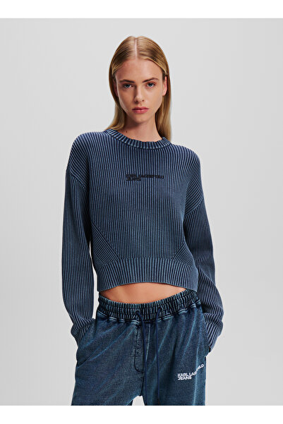 Karl Lagerfeld Jeans Yuvarlak Yaka Regular Fit Baskılı Mavi Kazak Kadın 246J2001