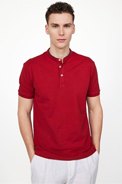 Tudors Erkek Slim Fit Dar Kesim %100 Pamuk Düz Pike Bordo Hakim Yaka Tişört